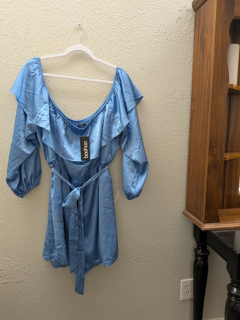 NWT Boohoo Jewel Blue Ruffle Off-Shoulder Tie-Waist Romper